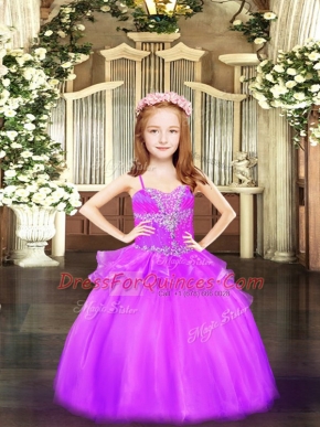 High Quality Lilac Sleeveless Floor Length Beading Lace Up Little Girls Pageant Dress