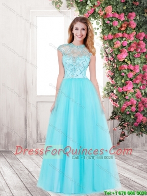 2016 Pretty Spring Open Back High Neck Prom Dresses in Aqua Blue