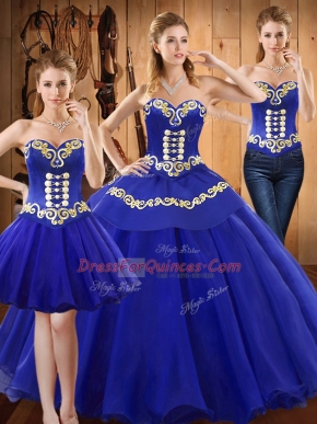 Blue Sweetheart Neckline Embroidery Quince Ball Gowns Sleeveless Lace Up