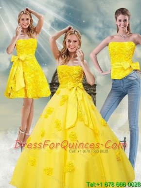 2015 Detachable and Best Yellow Quince Dresses with Rolling Flowers and Bowknot
