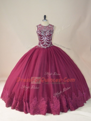 Scoop Long Sleeves Lace Up 15th Birthday Dress Burgundy Tulle