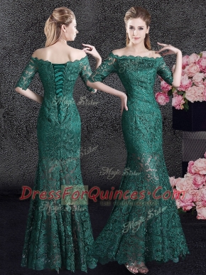 Mermaid Lace Scalloped Half Sleeves Lace Up Lace in Dark Green