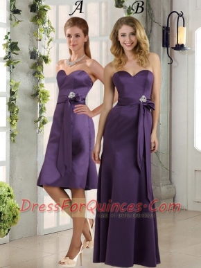 Eggplant Purple Sweetheart Column Dama Dresses with Belt