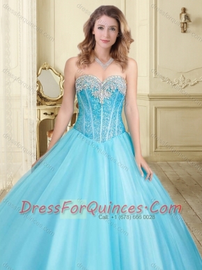 Visible Boning Really Puffy Beaded Quinceanera Gown in Aque Blue