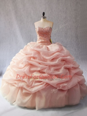 Peach Sleeveless Beading and Pick Ups Floor Length Quince Ball Gowns