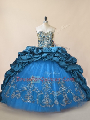 Excellent Blue Ball Gowns Taffeta Sweetheart Sleeveless Beading and Pick Ups Lace Up Sweet 16 Dress Brush Train