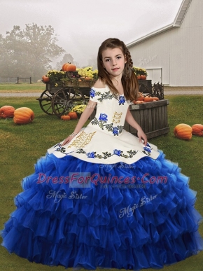 Charming Sleeveless Lace Up Floor Length Embroidery and Ruffled Layers Little Girls Pageant Dress Wholesale