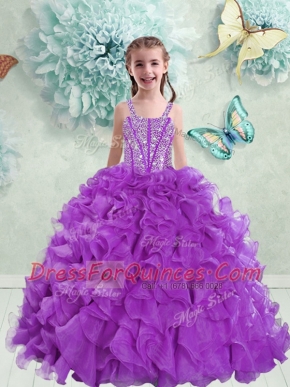 Extravagant Organza Straps Sleeveless Lace Up Beading and Ruffles Flower Girl Dresses in Eggplant Purple