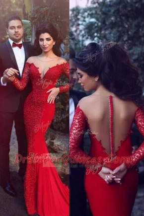 Mermaid Scoop Long Sleeves With Train Beading Zipper Homecoming Dress with Red Sweep Train