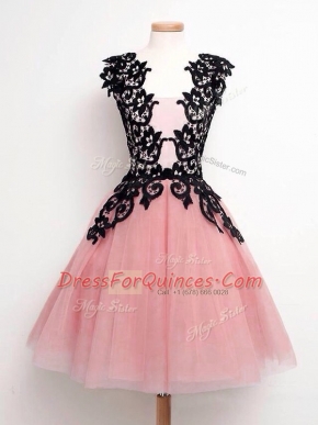 Sleeveless Tulle Knee Length Lace Up Dama Dress in Pink with Lace