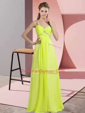 On Sale Yellow Green One Shoulder Lace Up Beading Prom Evening Gown Sleeveless