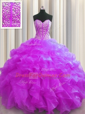 Designer Visible Boning Fuchsia Ball Gowns Beading and Ruffles Ball Gown Prom Dress Lace Up Organza Sleeveless Floor Length