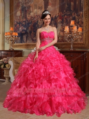 Red Ball Gown Sweetheart Floor-length Organza Beading Quinceanera Dress