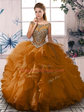 Scoop Sleeveless Organza Quinceanera Dress Beading and Ruffles Lace Up