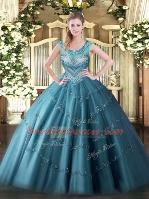 Tulle Sleeveless Floor Length 15th Birthday Dress and Beading and Appliques