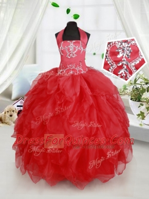 Red Lace Up Halter Top Beading and Ruffles Toddler Flower Girl Dress Organza Sleeveless
