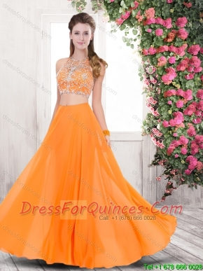 Classical Beaded Halter Top Prom Dresses with Brush Train