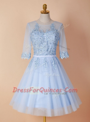 Flirting Light Blue Scoop Backless Appliques Evening Dress Half Sleeves