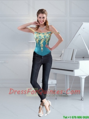 2015 Teal Off The Shoulder Beaded Corset with Lace and Embroidery