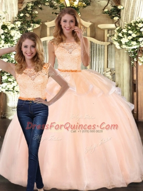 Scoop Sleeveless Sweet 16 Quinceanera Dress Floor Length Lace Peach Organza