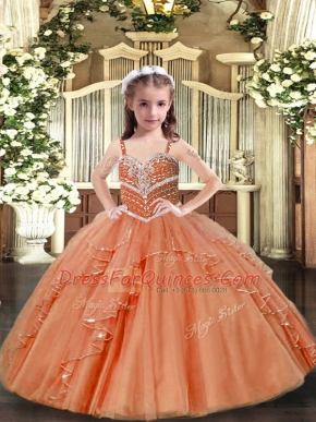 Straps Sleeveless Kids Pageant Dress Floor Length Beading Peach Tulle