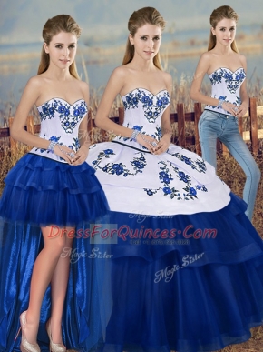 Elegant Floor Length Lace Up Sweet 16 Quinceanera Dress Royal Blue for Military Ball and Sweet 16 and Quinceanera with Embroidery and Bowknot