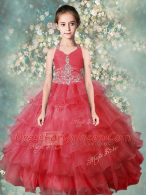 Modest Halter Top Floor Length Watermelon Red Girls Pageant Dresses Organza Sleeveless Beading and Ruffled Layers