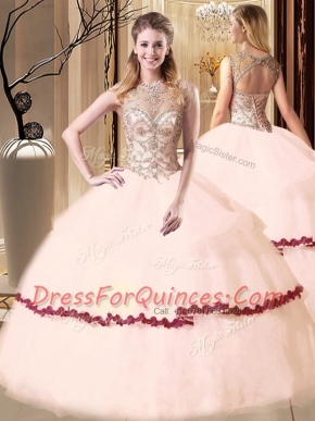 Ball Gowns Sweet 16 Dress Peach Scoop Tulle Sleeveless Floor Length Lace Up