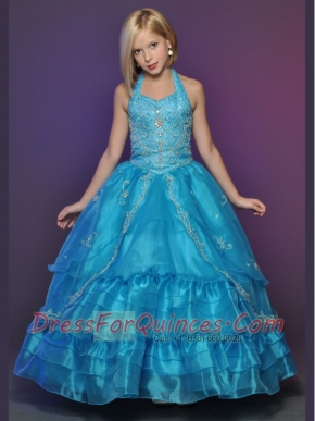 Blue Halter Appliques Little Girl Pageant Dress with Ruffles Layers for 2014