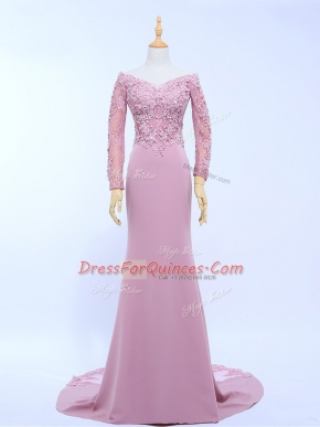 Lilac Evening Dress Prom and Party and Beach with Lace and Appliques Off The Shoulder Long Sleeves Brush Train Zipper