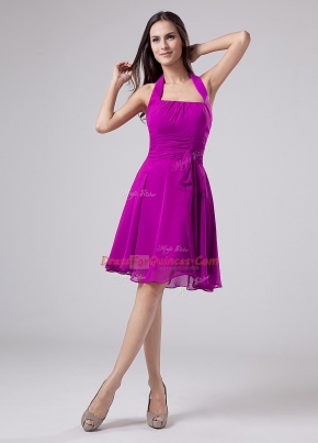 Amazing Purple Empire Halter Top Sleeveless Chiffon Knee Length Zipper Ruching Prom Gown