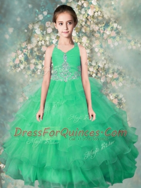 Halter Top Teal Zipper Flower Girl Dress Beading and Ruffles Sleeveless Floor Length
