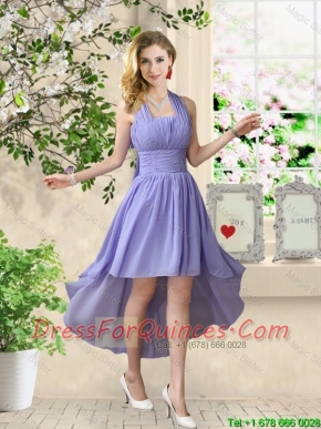 Beautiful Halter Top Ruched Dama Dresses with High Low