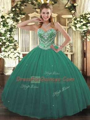 Turquoise Lace Up Sweetheart Beading Ball Gown Prom Dress Tulle Sleeveless