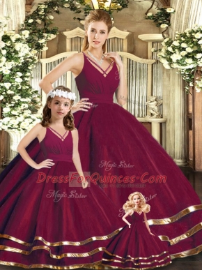 Burgundy Ball Gowns V-neck Sleeveless Tulle Floor Length Backless Ruffled Layers Ball Gown Prom Dress