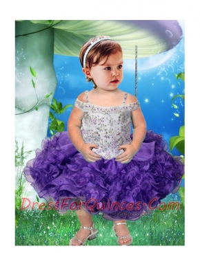 White and Purple Straps Tea-length 2015 Little Girl Dresses with Beading and Bowknot