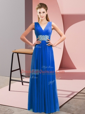 Free and Easy Empire Prom Dress Blue V-neck Chiffon Sleeveless Floor Length Lace Up