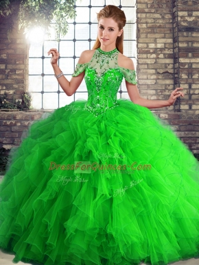 Flirting Green Ball Gowns Halter Top Sleeveless Tulle Floor Length Lace Up Beading and Ruffles 15th Birthday Dress