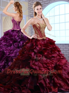 Best Brush Train Ruffles and Appliques Quinceanera Gowns in Wine Red