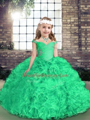 Fabric With Rolling Flowers Straps Sleeveless Side Zipper Beading and Ruffles Pageant Dress Womens in Green