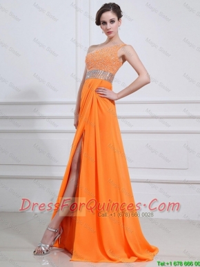 Exquisite Beading and High Slit Orange Prom Dresses with Brush Train