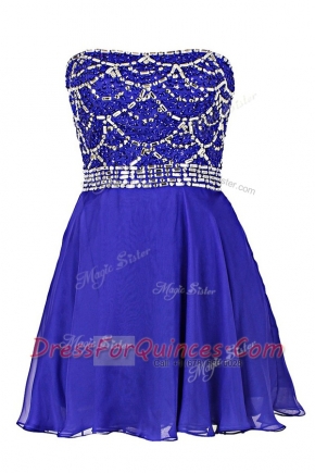 Decent Royal Blue Zipper Prom Party Dress Beading Sleeveless Knee Length