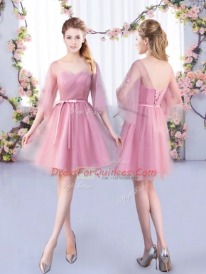 Romantic Pink A-line V-neck Half Sleeves Tulle Mini Length Lace Up Appliques and Belt Dama Dress
