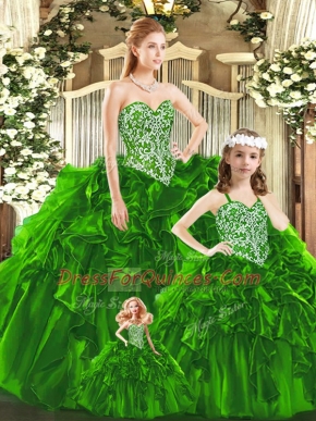 Custom Design Green Ball Gowns Sweetheart Sleeveless Organza Floor Length Lace Up Beading and Ruffles Quinceanera Dresses