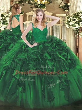 V-neck Sleeveless Organza Ball Gown Prom Dress Beading and Lace and Ruffles Backless