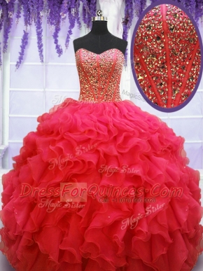 Attractive Coral Red Sleeveless Beading and Ruffles Floor Length Quince Ball Gowns