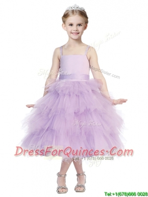 Beautiful Spaghetti Straps Lavender Mini Quinceanera Dresses with Beading and Ruffled Layers