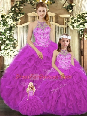 Best Selling Ball Gowns Sweet 16 Dresses Fuchsia Halter Top Tulle Sleeveless Floor Length Lace Up