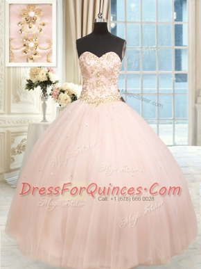 Lovely Satin and Tulle Sweetheart Sleeveless Lace Up Beading and Embroidery 15 Quinceanera Dress in Baby Pink