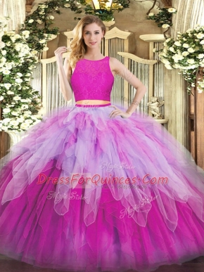 Fancy Floor Length Fuchsia Quinceanera Gowns Organza Sleeveless Lace and Ruffles